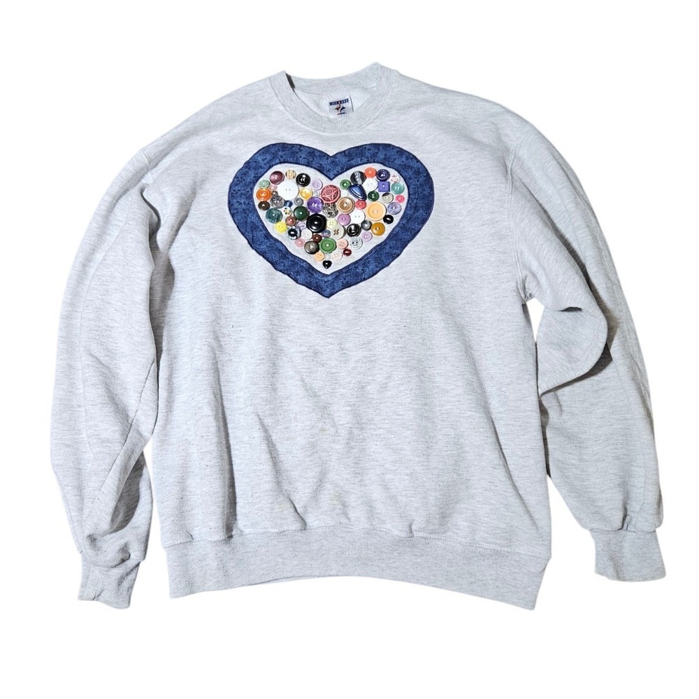 Vintage Jerzees L Sweatshirt‎ Heart-shaped Applique Covered in Assorted Buttons